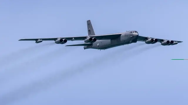 epa11370372 A USAF B-52 Bomber flys over South Beach during Memorial Day weekend celebrations in Miami Beach, Florida, USA, 25 May 2024. The two day Hyundai Air & Sea Show event showcases the men, women, technology and equipment from all five branches of the United States Military as well as police, firefighters and first responder agencies. According to organizers, the mission of the National Salute to American Heroes is to bring back the true meaning and spirit of Memorial Day weekend and pay tribute to all those who have paid the ultimate sacrifice on behalf of the freedom. EPA/CRISTOBAL HERRERA-ULASHKEVICH