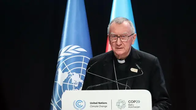 epa11717795 Secretary of State of the Holy See Cardinal Pietro Parolin speaks during the UN Climate Change Conference COP29 in Baku, Azerbaijan, 13 November 2024. The Azerbaijani capital of Baku hosts the 2024 United Nations Climate Change Conference (COP29) from 11 to 22 November 2024. EPA/IGOR KOVALENKO