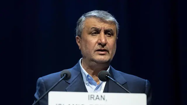 epa10206979 Mohammad Eslami, Head of Atomic Energy Organization of the Islamic Republic of Iran (AEOI), delivers a speech during the 66th International Atomic Energy Agency (IAEA) General Conference at the IAEA headquarters of the UN seat in Vienna, Austria, 26 September 2022. EPA/CHRISTIAN BRUNA