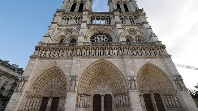 epa11762089 The facade of the Notre Dame de Paris cathedral, ahead of its official reopening ceremony, in Paris, France, 07 December 2024. The Notre Dame de Paris Cathedral reopens on 07 December after nearly six years of renovation work following its destruction by a fire on 15 April 2019. EPA/LUDOVIC MARIN / POOL MAXPPP OUT