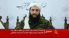 Abu Muhammad al Julani, leader del Fronte Nusra, che ha oggi dichiarato che la Nusra non è più di al Qaida in un fermo immagine tratto dal sito di Aljazira tv del Qatar. Roma, 28 luglio 2016. ANSA/ ALJAZIRA TV +++ NO SALES - EDITORIAL USE ONLY +++