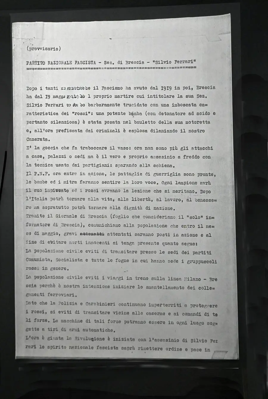 I documenti relativi a Piazza Loggia esposti in via Galilei