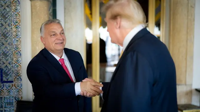 epa11767738 A handout photo made available by the Hungarian prime minister's press office shows Hungarian Prime Minister Viktor Orban (L) shaking hands with US President-elect Donald Trump (R) at Trump's Mar-a-Lago estate in Palm Beach, Florida, United States, 09 December 2024 (issued 10 December 2024). EPA/ZOLTAN FISCHER HANDOUT HUNGARY OUTHANDOUT EDITORIAL USE ONLY/NO SALES