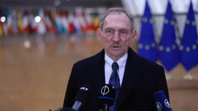 epa11771764 Hungarian Interior Minister Sandor Pinter speaks to the media prior to the start of the European Home Affairs Ministers Council in Brussels, Belgium, 12 December 2024. The presidency has put the adoption of the Council decision setting the date for the lifting of checks on persons at the internal land border with and between Bulgaria and Romania on the agenda of the meeting of ministers. Both countries already fully appllied Schengen rules from 31 March 2024. EPA/OLIVIER HOSLET