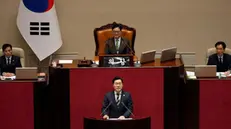 epa11776022 Opposition Democratic Party Floor leader Park Chan-dae (C bottom), speaks during the plenary session for the impeachment vote of President Yoon Suk Yeol at the National AssemblyÂ in Seoul, South Korea, 14 December 2024. The South Korean parliament holds a second impeachment vote against President Yoon following his attempt to impose and subsequently reverse martial law, citing the need to root out pro-North Korean forces and uphold the constitutional order. EPA/WOOHAE CHO / POOL