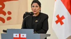 epa11635945 Georgian President Salome Zurabishvili speaks during a press conference after meeting with President Andrzej Duda, at the Presidential Palace in Warsaw, Poland, 01 October 2024. EPA/Radek Pietruszka POLAND OUT