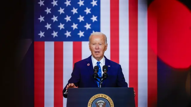 epa11781345 US President Joe Biden delivers remarks during an event on the American workforce at the Department of Labor in Washington, DC, USA, 16 December 2024. President Biden signed a proclamation establishing the Frances Perkins National Monument in Newcastle, Maine, to honor the historic contributions of America's first woman Cabinet Secretary and the longest-serving Secretary of Labor. EPA/SHAWN THEW