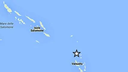 La cartina dell'Ingv mostra l'epicentro del terremoto di magnitudo 7.2 che si è verificato nel nord delle isole Vanuatu, nell'Oceano Pacifico, 03 aprile 2016. ANSA/INGV +++EDITORIAL USE ONLY - NO SALES+++