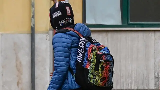 Un bambino con lo zaino mentre si reca a scuola, 18 novembre 2024. ANSA/CIRO FUSCO (Scuola, istruzione, scuole, alunni, alunno, alunna, bambino, bambini, ragazzi, ragazzino, lezioni, classe, compiti, zaino, zaini, giovani)