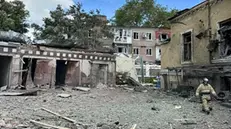 epa10774373 A handout photo made available by the Telegram Channel of the Governor of the Rostov region Vasily Golubev shows, the explosion site in the center of Taganrog, Russia, 28 July 2023. According to the Governor of the Rostov region Vasily Golubev, 12 people were injured. EPA/TELEGRAM CHANNEL ROSTOV REGION GOVERNOR / HANDOUT MANDATORY CREDIT HANDOUT EDITORIAL USE ONLY/NO SALES