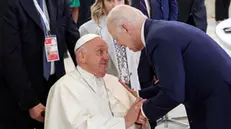 Pope Francis and US President Joe Biden attend a Session VI – Artificial Intelligence, Energy, Africa- Mediterranean with G7 leaders and state leaders outreach during the Borgo Egnazia Summit in Brindisi, Italy, June 14, 2024 ANSA / GIUSEPPE LAMI