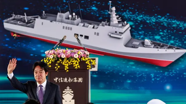 epa11700230 Taiwanese President William Lai (Lai Ching-te) waves to attendees during a keel laying ceremony of an indigenous light frigate with air defense capabilities, in Kaohsiung, Taiwan, 04 November 2024. The naval frigate, co-manufactured by Taiwan-based Jong Shyn Shipbuilding Company and American naval architecture firm Gibbs & Cox, is equipped with vertical launching platforms for missiles and United States Lockheed Martin's CMS-330 combat management system, amid China's increasing military presence in the Taiwan Strait. EPA/DANIEL CENG