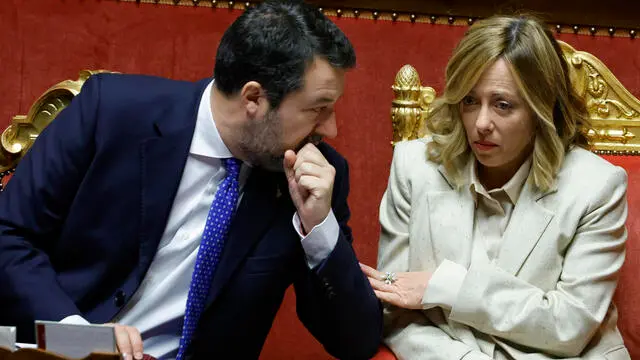 Italian Prime Minister Giorgia Meloni flanked by Italian Minister for Infrastructure and Deputy Prime Minister Matteo Salvini (L) during her reports on the upcoming European Council to the Senate Rome, Italy, 18 December 2024. EU leaders will attend a European Council meeting in Brussels on 19 December. ANSA/FABIO FRUSTACI