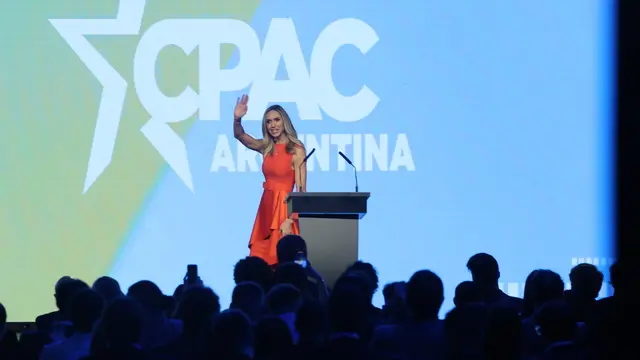 epaselect epa11756853 Co-chair of the Republican National Committee Lara Trump waves after giving a speech during the Conservative Political Action Conference (CPAC) in Buenos Aires, Argentina, 04 December 2024. The first CPAC is taking place in Argentina, hosted by the Argentinian president, Javier Milei, and with the participation of former Brazilian president Jair Bolsonaro, the leader of Spain's VOX party, Santiago Abascal, and Lara Trump, daughter-in-law of the president-elect of the United States, Donald Trump. EPA/JUAN IGNACIO RONCOROI