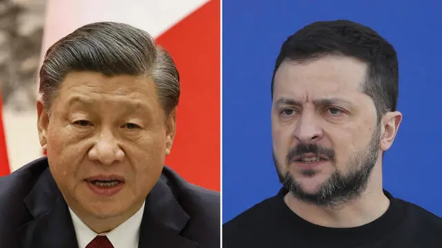 Da sinistra il presidente cinese Xi Jinping e il presidente ucraino Volodymyr Zelensky, Roma, 26 Aprile 2023. ANSA