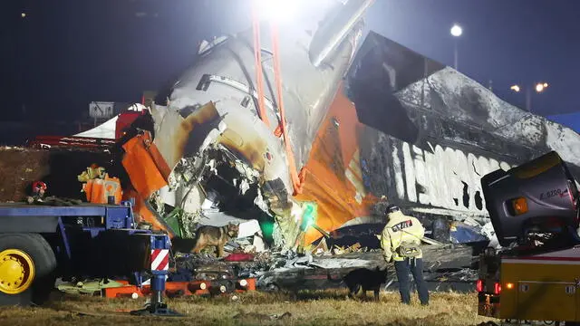 epa11797261 Firefighting authorities conduct a search operations at the plane crash site at Muan International Airport in Muan, South Jeolla Province, South Korea, 29 December 2024. According to the South Korea National Fire Agency (NFA), a passenger jet carrying 181 people erupted in flames after going off the runway at an airport in South Korea's southwestern county of Muan on 29 December, leaving at least 176 people dead and 3 missing, as two crew members survived.Â EPA/YONHAP Media Only SOUTH KOREA OUT