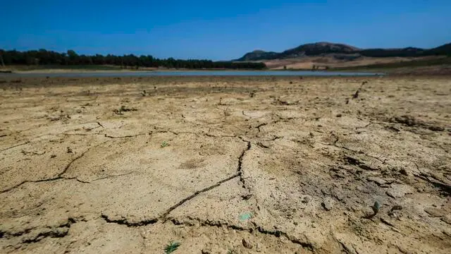 Siccità in Sicilia, il lago di Piana degli albanesi ridotto ad una pozzanghera, Palermo 29 luglio 2024. ANSA/IGOR PETYX