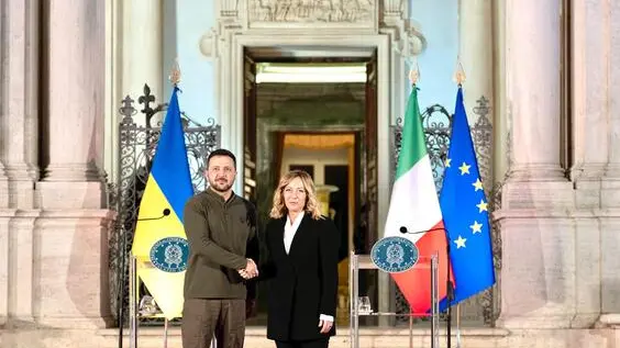 Italian Prime Minister Giorgia Meloni (R) and Ukrainian President Volodymyr Zelensky shake hands as they make statements to the press after a meeting at Villa Doria Pamphilj in Rome, Italy, 10 October 2024. ANSA/ UFFICIO STAMPA PRESIDENZA DEL CONSIGLIO/ FILIPPO ATTILI +++ ANSA PROVIDES ACCESS TO THIS HANDOUT PHOTO TO BE USED SOLELY TO ILLUSTRATE NEWS REPORTING OR COMMENTARY ON THE FACTS OR EVENTS DEPICTED IN THIS IMAGE; NO ARCHIVING; NO LICENSING +++ NPK +++