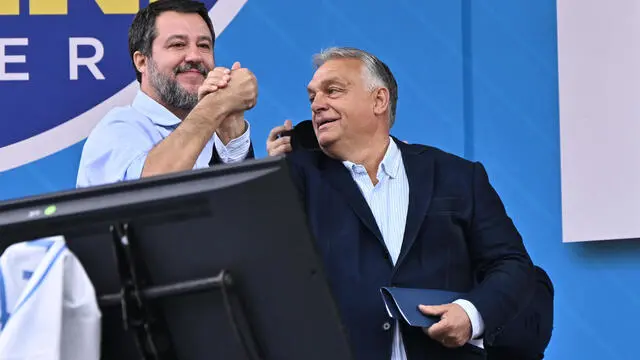 Leader of the League, Matteo Salvini, and Viktor Orban during traditional Lega party rally in Pontida (Bergamo), 6 October 2024. ANSA/MICHELE MARAVIGLIA