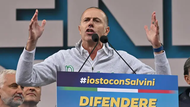 Massimiliano Romeo during traditional Lega party rally in Pontida (Bergamo), 6 October 2024. ANSA/MICHELE MARAVIGLIA