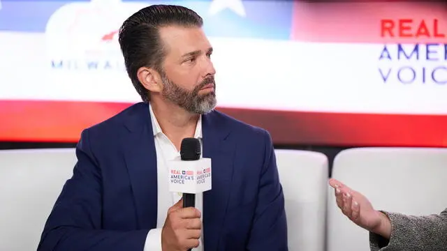 epa11482440 Donald Trump Jr. (L) is interviewed on the second day of the Republican National Convention (RNC) in Milwaukee, Wisconsin, USA, 16 July 2024. The convention comes days after a 20-year-old Pennsylvania man attempted to assassinate former president and current Republican presidential nominee Donald Trump. The 2024 Republican National Convention is being held from 15 to 18 July 2024, in which delegates of the United States Republican Party select the party's nominees for president and vice president in the 2024 United States presidential election. EPA/ALLISON DINNER