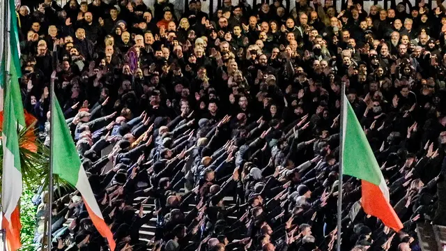 epa11811607 Far-right activists use the fascist 'Roman salute' at the end of a memorial rally on the 47th anniversary of the massacre of MSI (Movimento Sociale Italiano) headquarters 'Acca Larentia', in Rome, Italy, 07 January 2025. On 07 January 1978, Franco Bigonzetti and Francesco Ciavatta, two Youth Front activists of the MSI, were killed in the MSI section of Acca Larentia in Rome, while a third one, Stefano Recchioni, was killed shortly after during clashes with police. EPA/FABIO FRUSTACI