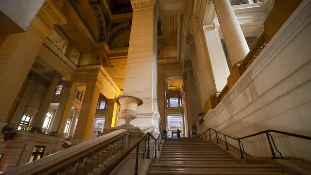 epa11811321 A view showing the main hall of the Palace of Justice in Brussels, Belgium, 07 January 2025. Brussels' Palace of Justice was, at the time of its construction, the largest building in the world and remains today one of the largest courthouses. Designed by architect Joseph Poelaert, it was constructed between 1866 and 1883. In 2001, the building was designated as a protected monument, recognizing its historical and architectural significance. However, it has been undergoing extensive renovations since 1984. EPA/OLIVIER HOSLET