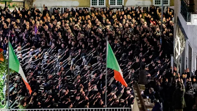 Far-right activists as they use the fascist 'Roman salute' at the end of the memorial rally on the 47th anniversary of the massacre of Msi (Movimento Sociale Italiano - Right Party) headquarter 'Acca Larenzia', in Rome, Italy, 07 January 2025. On January 7, 1978, Franco Bigonzetti, Francesco Ciavatta and Stefano Recchioni, three MSI activists, were killed in the MSI section of Acca Larenzia in Rome. ANSA/FABIO FRUSTACI