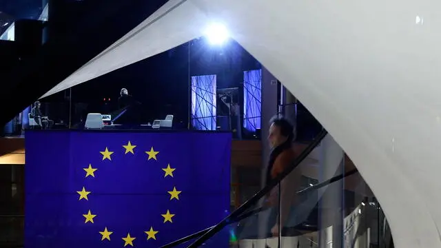 epa11741959 The European Union flag is on display at the European Parliament in Strasbourg, France, 26 November 2024. The EU Parliament's session runs from 25 till 28 November 2024. EPA/RONALD WITTEK