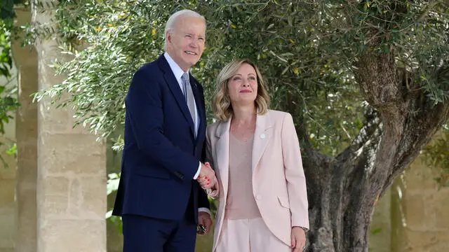 US President Joe Biden (L) during the welcome ceremony with Italy's Prime Minister Giorgia Meloni (R), during the G7 Borgo Egnazia Summit in Borgo Egnazia (Brindisi), southern Italy, 13 June 2024. The G7 Borgo Egnazia Summit will be held from 13 to 15 June 2024. ANSA/ETTORE FERRARI