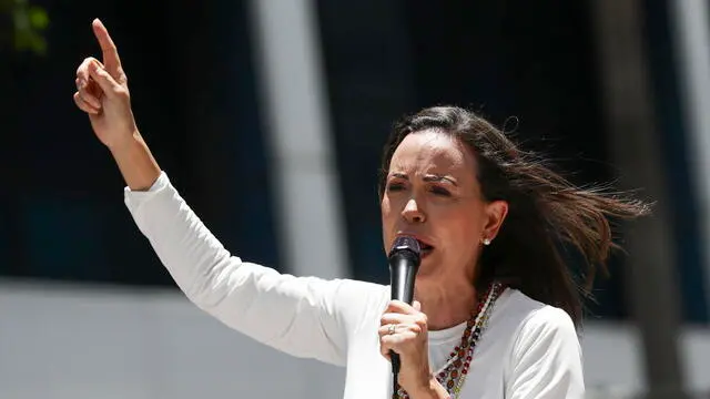 epa11679442 (FILE) - Venezuelan opposition leader Maria Corina Machado gives a speech to supporters at a rally in Caracas, Venezuela, 28 August 2024(re-issued 24 October 2024). The European Parliamentâ€™s President Roberta Metsola on 24 October 2024 announced Maria Corina Machado and Edmundo Gonzalez Urrutia the winners of the 2024 Sakharov Prize for Freedom of Thought, following the meeting of the Conference of Presidents which took the decision. EPA/RONALD PENA R