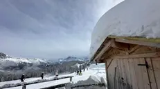 Una veduta di Malga Le Buse, sopra Falcade sulle Dolomiti bellunesi, ricoperta da un metro e mezzo di neve, 11 marzo 2024. In Veneto nelle ultime 24 ore sono caduti dai 20 ai 35 centimetri di neve fresca, a causa delle ultime perturbazioni che in montagna hanno portato intense precipitazioni nevose. I dati emergono dalle stazioni di rilevamento dell'Agenzia regionale per l'ambiente (Arpav). L'accumulo di neve in montagna arriva ora a 130-140 centimetri sulle Dolomiti settentrionali, tra 140 e 210 su quelle meridionali, e fino a 200 centimetri sulle Prealpi. ANSA/DIEGO COSTA