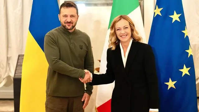 Italian Prime Minister Giorgia Meloni (R) and Ukrainian President Volodymyr Zelensky shake hands as they make statements to the press after a meeting at Villa Doria Pamphilj in Rome, Italy, 10 October 2024. ANSA/ UFFICIO STAMPA PRESIDENZA DEL CONSIGLIO/ FILIPPO ATTILI +++ ANSA PROVIDES ACCESS TO THIS HANDOUT PHOTO TO BE USED SOLELY TO ILLUSTRATE NEWS REPORTING OR COMMENTARY ON THE FACTS OR EVENTS DEPICTED IN THIS IMAGE; NO ARCHIVING; NO LICENSING +++ NPK +++