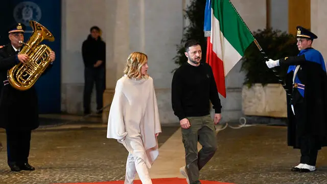 Italian Prime Minister Giorgia Meloni (L) with Ukrainian President Volodymyr Zelensky (R) during their meeting at Palazzo Chigi, Rome, Italy, 9 January 2025. ANSA/RICCARDO ANTIMIANI