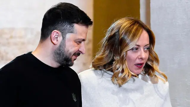 Italian Prime Minister Giorgia Meloni (R) with Ukrainian President Volodymyr Zelensky (L) during their meeting at Palazzo Chigi, Rome, Italy, 9 January 2025. ANSA/RICCARDO ANTIMIANI