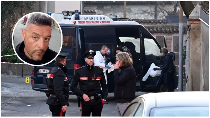 I carabinieri sul luogo del delitto e, nel tondo, la vittima Roberto Comelli © www.giornaledibrescia.it