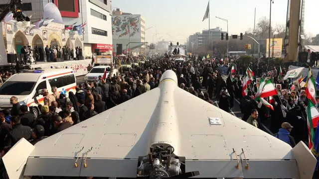 epaselect epa11816431 Members of Iran's female paramilitary force (Basij) march next to a drone during an anti-Israel rally in solidarity with the Palestinian and Lebanese people in Tehran, Iran, 10 January 2025. EPA/ABEDIN TAHERKENAREH