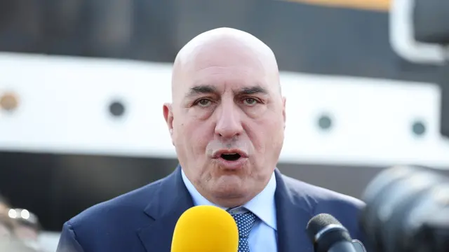 epa11795763 Italian Minister of Defense Guido Crosetto talks to media during the welcoming ceremony of the Amerigo Vespucci World Tour ship at Zayed port in Abu Dhabi, United Arab Emirates, 28 December 2024. Amerigo Vespucci, Italian Navy’s historic and iconic Training Ship, Ambassador of UNESCO, UNICEF and Italy will be docked in Abu Dhabi until 31 December as part of tour around the world, visiting over 30 ports across 5 continents. EPA/ALI HAIDER