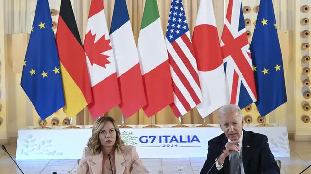 Giorgia Meloni Prime Minister of Italy and Joe Biden President of the United States attend, during the G7 summit in Borgo Egnazia, Brindisi, Italy, at the table dedicated to the partnership for global infrastructure and investment , 13 june 2024 ANSA / CIRO FUSCO