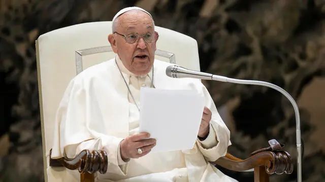 A handout image provided by Vatican media shows Pope Francis during his Wednesday general audience in Nervi Hall at the Vatican, Vatican City, 1 May 2024. ANSA/VATICAN MEDIA ++HO - NO SALES EDITORIAL USE ONLY++