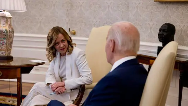 Italian Prime Minister, Giorgia Meloni, during the meeting with US President Joe Biden in the Oval Office of the White House in Washington DC, USA, 01 March 2024. ANSA/CHIGI PALACE PRESS OFFICE/FILIPPO ATTILI +++ ANSA PROVIDES ACCESS TO THIS HANDOUT PHOTO TO BE USED SOLELY TO ILLUSTRATE NEWS REPORTING OR COMMENTARY ON THE FACTS OR EVENTS DEPICTED IN THIS IMAGE; NO ARCHIVING; NO LICENSING +++ NPK +++