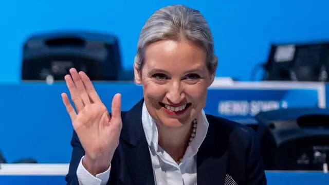 epa11818212 Alternative for Germany (AfD) party and faction co-chairwoman and top candidate for the federal election Alice Weidel attends the party's federal conference in Riesa, Germany, 11 January 2025. The AfD holds the 16th Federal Party Congress on 11 and 12 January to elect the party's candidate for chancellor and to adopt its federal election program, ahead of the early general elections scheduled on 23 February. EPA/MARTIN DIVISEK