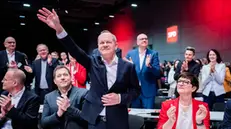 epa11818125 German Chancellor Olaf Scholz (2-R) arrives next to Social Democratic Party (SPD) co-chairman Lars Klingbeil (2-L) and Social Democratic Party (SPD) co-chairwoman Saskia Esken (R) and, Social Democratic Party (SPD) Secretary General Matthias Miersch (L) at the convention of Germany's Social Democratic Party (SPD) in Berlin, Germany, 11 January 2025. The SPD kicks off the critical phase of the election campaign and officially elects Olaf Scholz as its candidate for chancellor in the general elections to be held on 23 February 2025. EPA/CHRISTOPH SOEDER