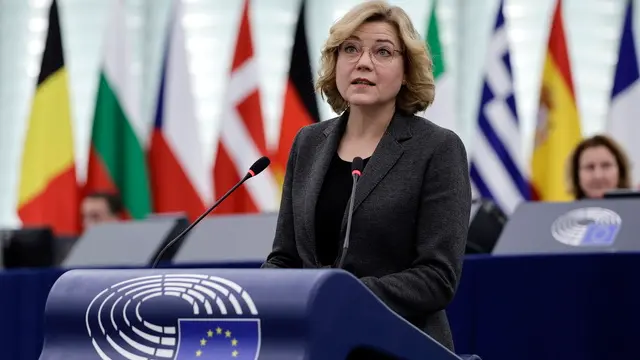 epa11782370 European Commission's Executive Vice-president and Commissioner for Tech Sovereignty, Security and Democracy Henna Virkkunen speaks during a debate titled 'Misinformation and disinformation on social media platforms, such as TikTok, and related risks to the integrity of elections in Europe' at the European Parliament in Strasbourg, France, 17 December 2024. The European Parliament's current plenary session runs from 16 to 19 December 2024. EPA/RONALD WITTEK