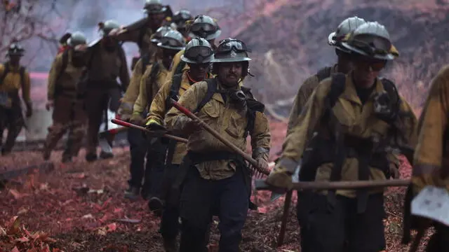 epa11819207 Firefighters hike into the Palisades wildfire in Los Angeles, California, USA, 11 January 2025. Thousands of firefighting and emergency personnel are involved in response efforts, as multiple wildfires are continuing to burn across thousands of acres in Southern California, destroying thousands of homes and forcing people to evacuate areas throughout the Los Angeles area. EPA/ALLISON DINNER