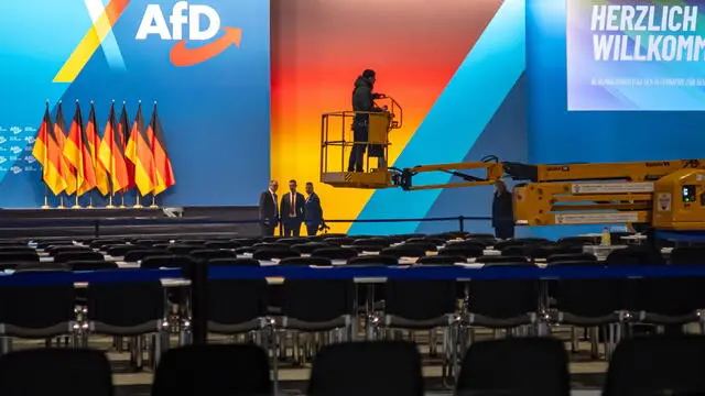 epa11817927 Last preparations are underway ahead of the Alternative for Germany (AfD) federal conference in Riesa, Germany, 11 January 2025. The AfD will hold the 16th Federal Party Congress on 11 and 12 January to elect the party's candidate for chancellor and to adopt its federal election program, ahead of the early general elections scheduled on 23 February. EPA/MARTIN DIVISEK