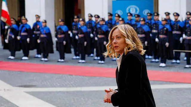 Italian Prime Minister Giorgia Meloni awaits the arrival of Slovak President Peter Pellegrini ahead of their talks at Palazzo Chigi, Rome, Italy, 14 January 2025.. ANSA/FABIO FRUSTACI