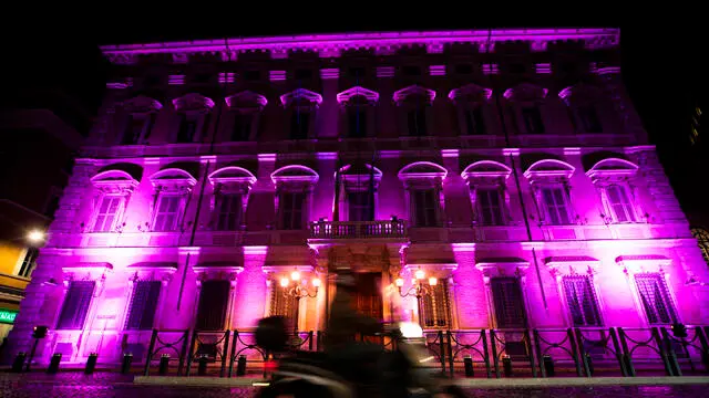 The facade of Palazzo Madama of the Senate of the Republic illuminated in pink for the day against breast cancer, in Rome, Italy, 19 October 2024. ANSA/ANGELO CARCONI