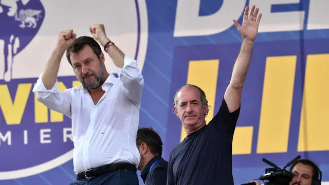 Lega’s leader Matteo Salvini and Lega’s Luca Zaia during traditional Lega party rally in Pontida (Bergamo), 17 September 2023 ANSA/MICHELE MARAVIGLIA