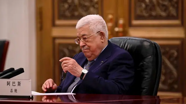 epa10691557 Palestinian President Mahmud Abbas attends a meeting with Chinese Premier Li Qiang (not pictured) at the Great Hall of the People in Beijing, China, 15 June 2023. EPA/Jade Gao / POOL